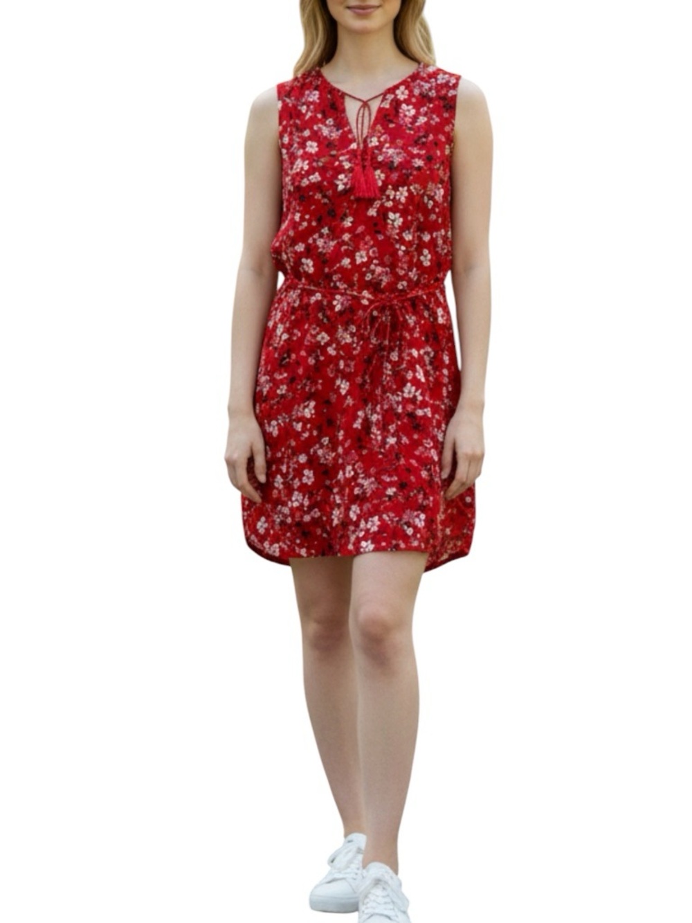 BeachLunchLounge Red Floral Sleeveless Tie-Waist Tassel V Neck Dress